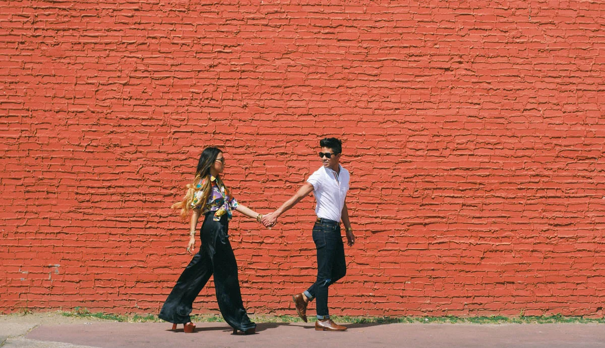HIS: Shirt: Thom Browne | Jeans: H&M | Shoes: ASOS | Sunglasses: RayBan | Watch: Nixon | Belt: American Apparel HER: Top: Vintage | Pants: Elizabeth & James | Shoes: Saint Laurent | Sunglasses: Tom Ford 