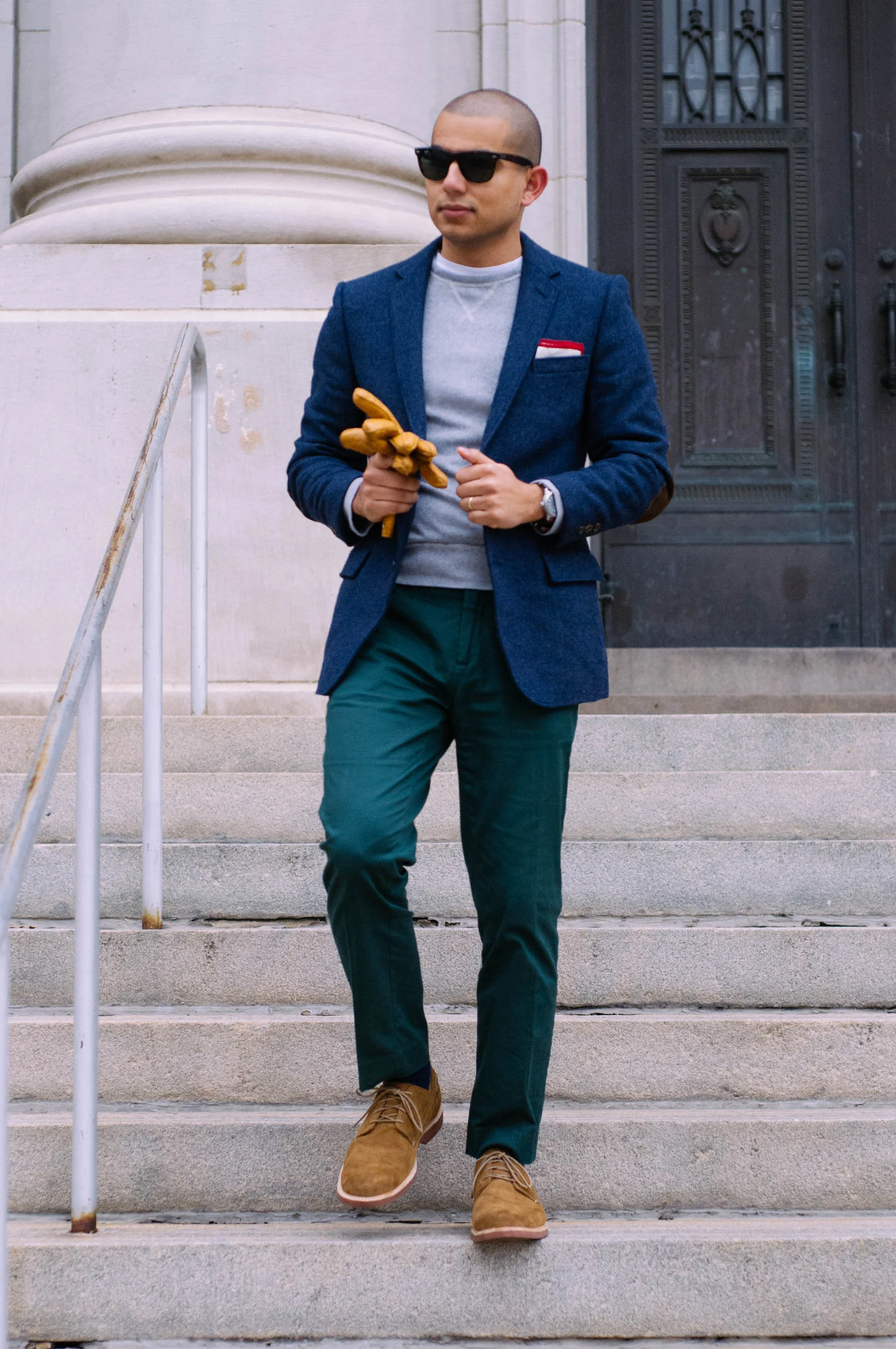 Blazer: J. Crew Factory | Pants: H&M | Sweatshirt: J.Crew | Shoes: Sperry Gold Cup | Gloves: Jack Spade | Pocket Square: The Tie Bar | Watch: Aeromatic 1912 | Sunglasses: RayBan