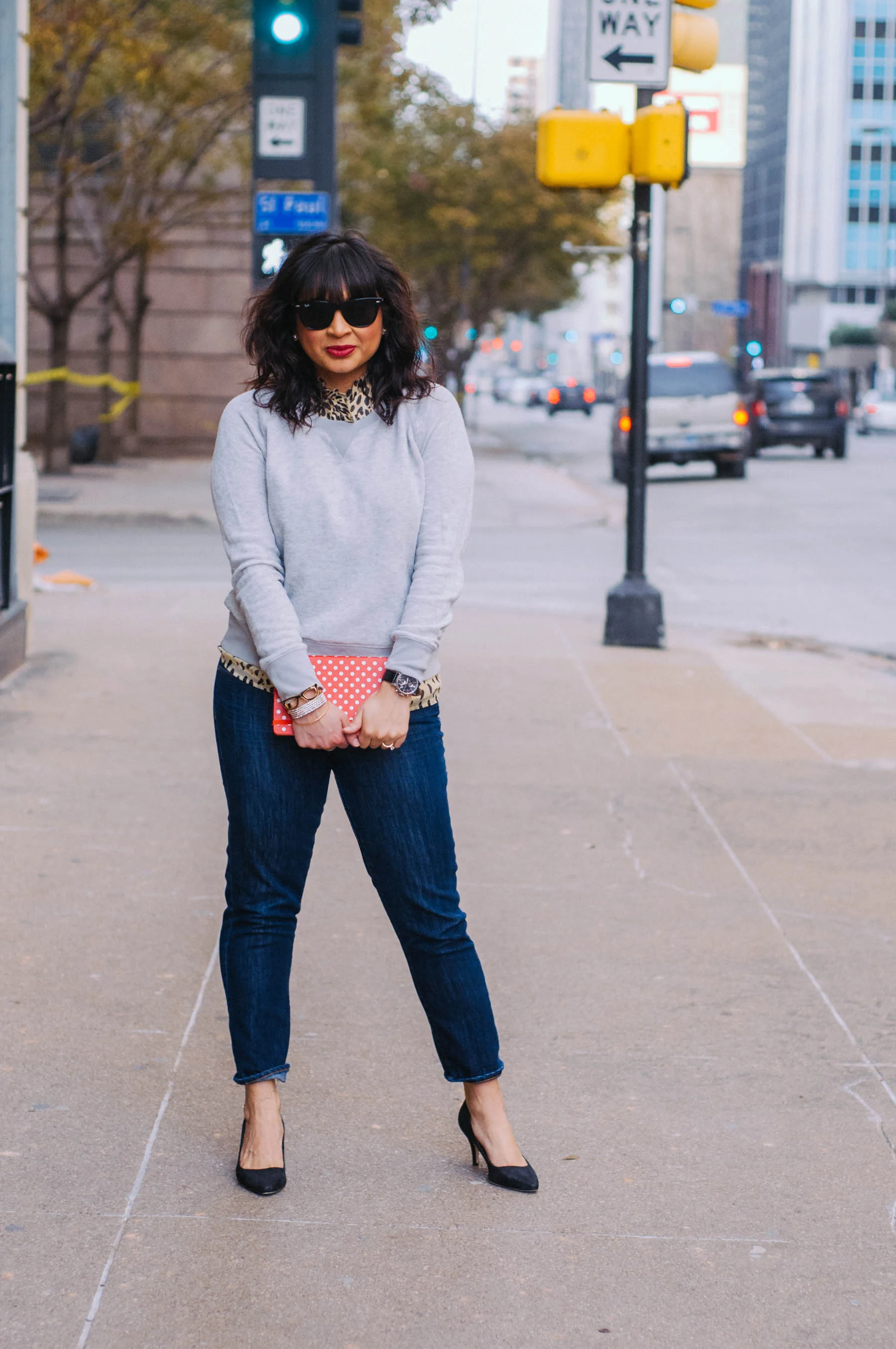 Sweater: Mossimo | Blouse: J.Crew | Jeans: J.Crew (Toothpick) | Shoes: H&M (similar here ) | Sunglasses: RayBan | Jewelry: Cara , Kate Spade , Heirloom | Watch: Fossil (old, but similar here )