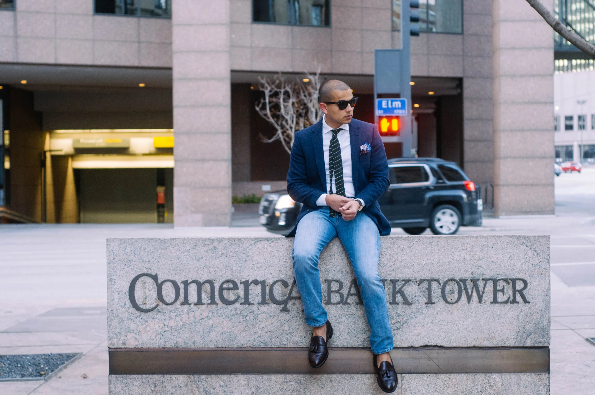 Jacket: J.Crew Factory ( just like this one ) | Shirt: H&M (similar here ) | Tie: Billy Reid ( this one is ON SALE ) | Handkerchief: Nordstrom (similar here ) | Jeans: Levi's | Belt: Vintage | Shoes: Alden (similar here ) | Sunglasses: RayBan | Watch: Omega (vintage) (very similar here )
