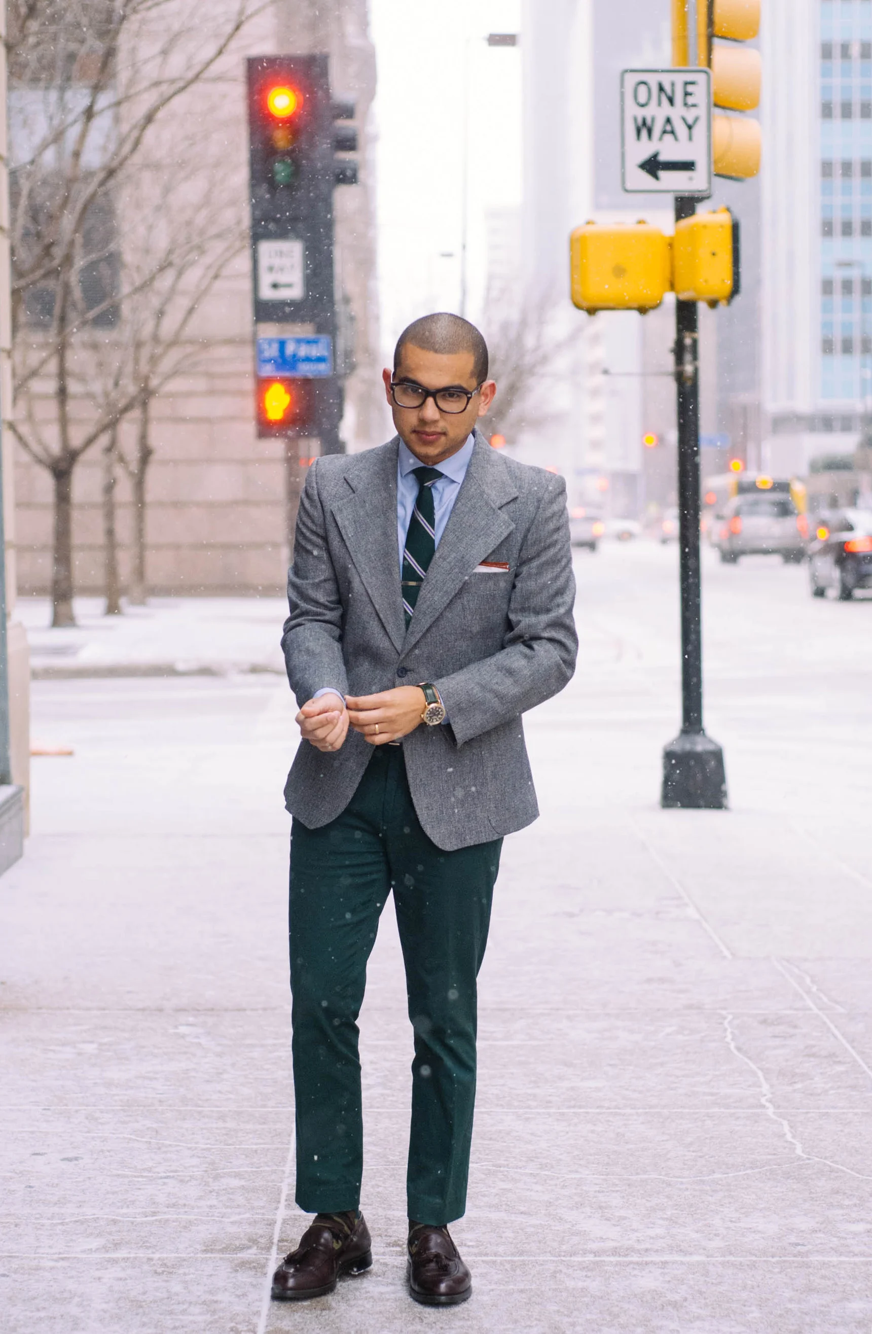 Blazer: Yves Saint Laurent (vintage) | Shirt: H&M (just like this one ) | Pants: H&M (similar here ) | Tie: J.Crew (just like this one ) | Tie Bar: David Donahu | Shoes: Alden (very similar here ) | Socks: J.Crew | Glasses: Warby Parker | Watch: Shinola