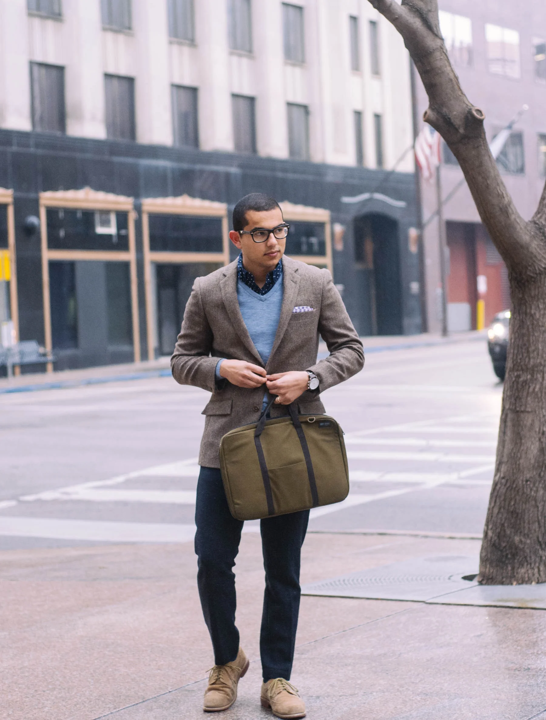 Blazer: J.Crew (also love this one ) | Sweater: J.Crew Factory | Shirt: H&M (similar here ) | Pants: H&M | Shoes: Bass (similar here ) | Pocket Square: The Tie Bar (similar here ) | Glasses: Warby Parker ( similar ) ( sunglasses version ) | Watch: Lucien Piccard (also love this one ) | Bag: Jack Spade (similar here )