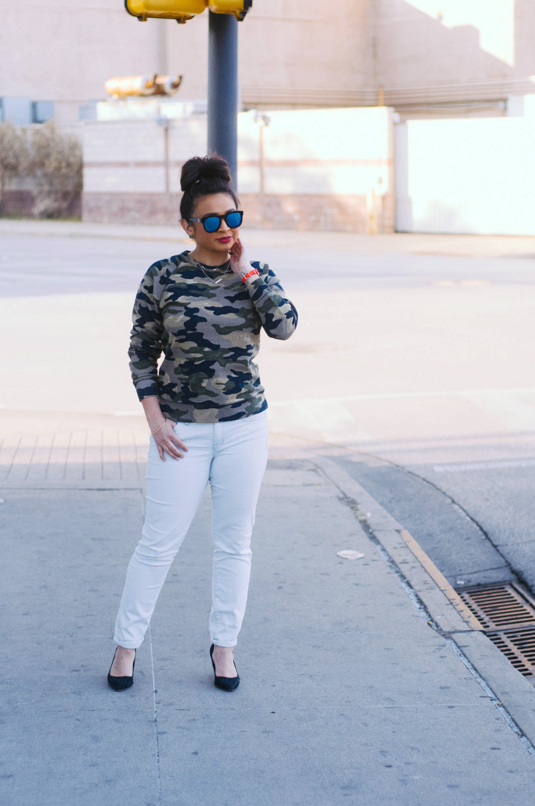 Sweatshirt: J.Crew | Jeans: Madewell | Shoes: H&M (similar here ) | Sunglasses: Wildfox | Watch & Strap : J.Crew | Earrings: Kate Spade | Necklaces: Urban Outfitters | Lipstick: Ruby Woo (MAC)
