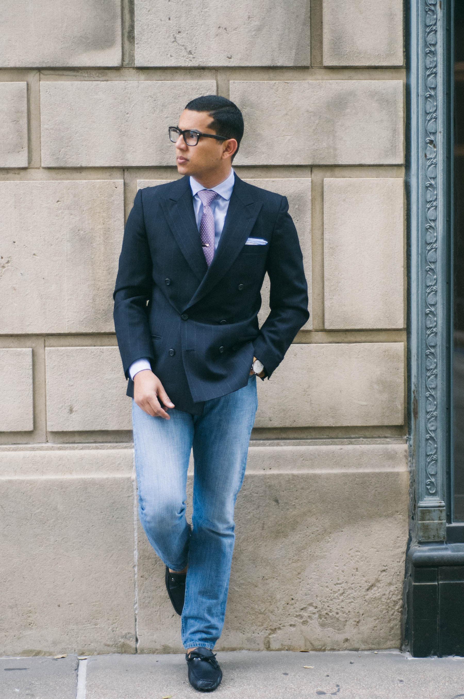 Jacket: Burberry (vintage) (love this one too!) | Shirt: H&M (similar here ) | Jeans: Levi's | Tie: Similar here | Shoes: Thomas Dean | Pocket Square: The Tie Bar (also love this one ) | Watch: Lucien Piccard (similar here ) | Glasses: Warby Parker