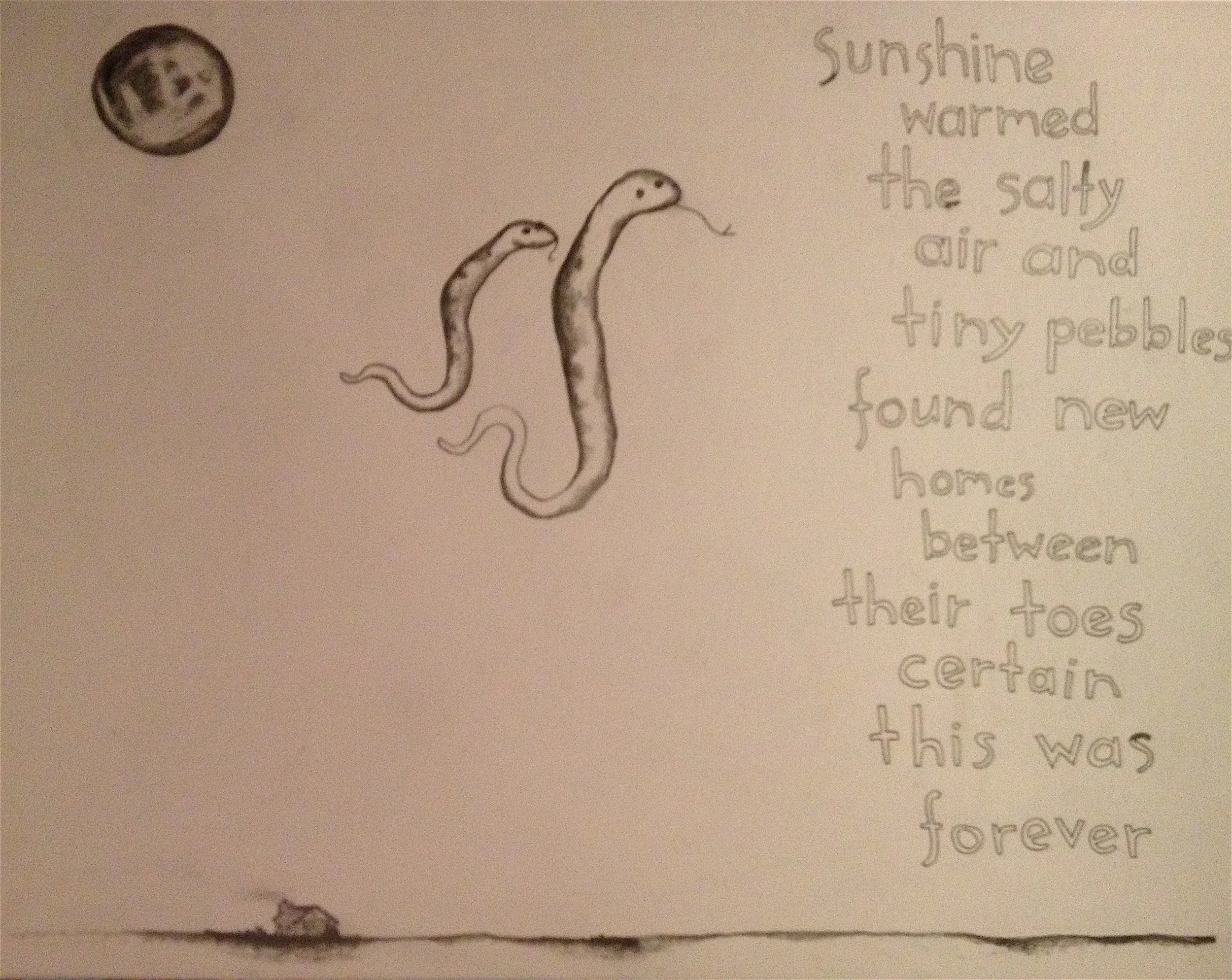 Sunshine warmed the salty air and tiny pebbles found new homes between their toes certain this was forever