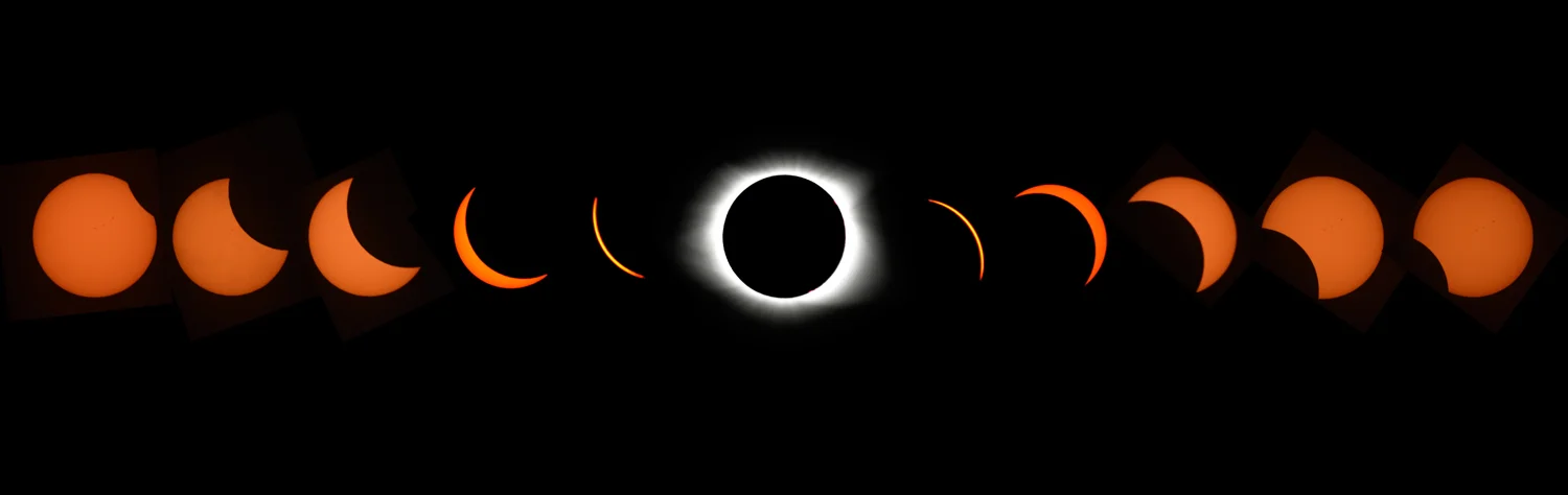 Composite of 11 images showing the stages of the eclipse. The first frame on the left was made at 1:14 p.m. The last frame on the right was made at 3:50 p.m. Total eclipse was at 2:41 p.m.. The orange tint of the ten partial phases is due to the col