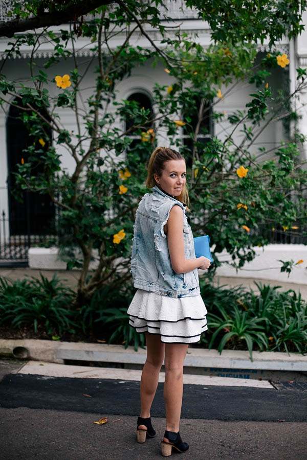 Dress: Get Frocked - Vests: Topshop (leather), Zara (denim) - Sunglasses: c/o Surfdome (Quay) - Shoes: Therapy 