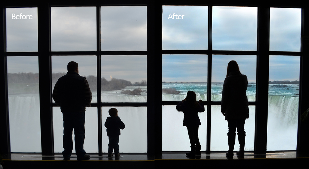 I spotted my Sister-in-Law and my niece in this position... then told my brother to get my nephew in the other two windows. This was the result.. my brother's family gazing down at Niagara Falls from the upper level of the Welcome Center. Taken Thanksgiving Weekend of 2014, I loved how the composition came out... but didn't love the grey November day. I had to add a little color to it. 
