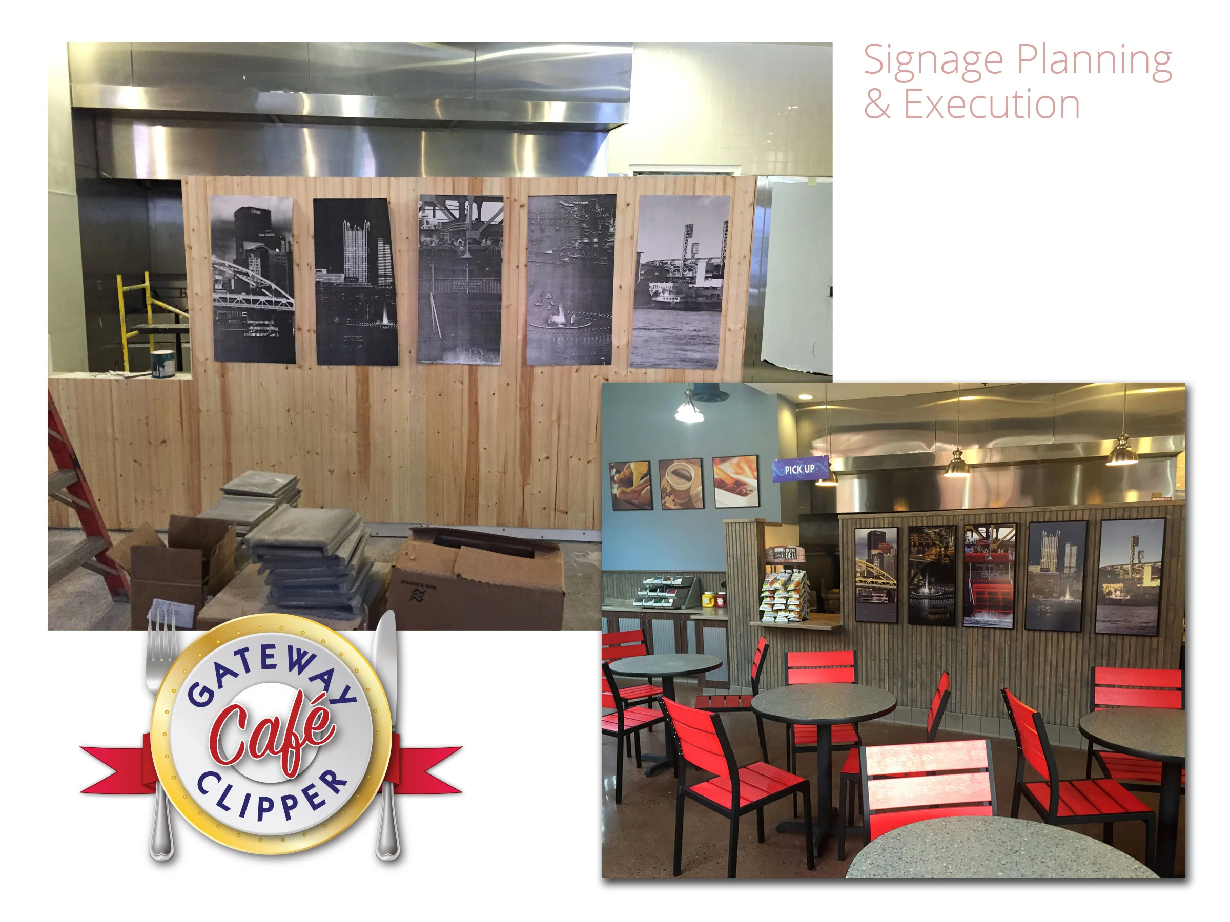 Gateway Clipper Café interior signage - concept, design and execution. Example of working out the specifications while the restaurant was still being built!