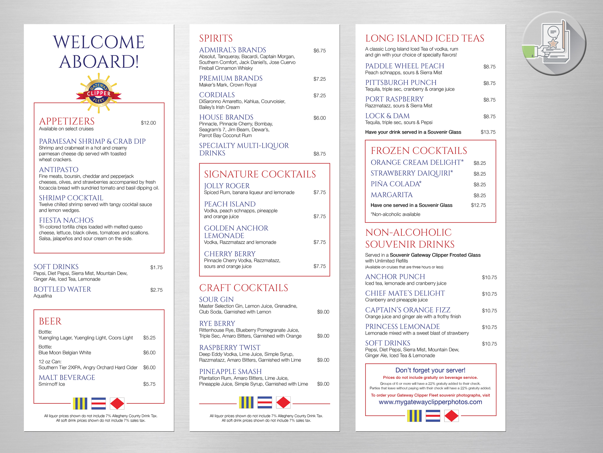 Gateway Clipper Fleet - Drink menu to be displayed in 3-panel cover