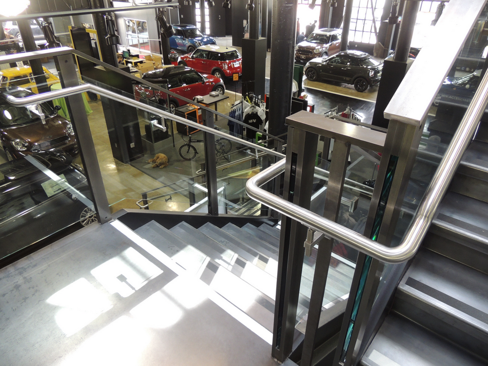 This polished steel railing fits perfectly into MINI's modern San Francisco offices. 