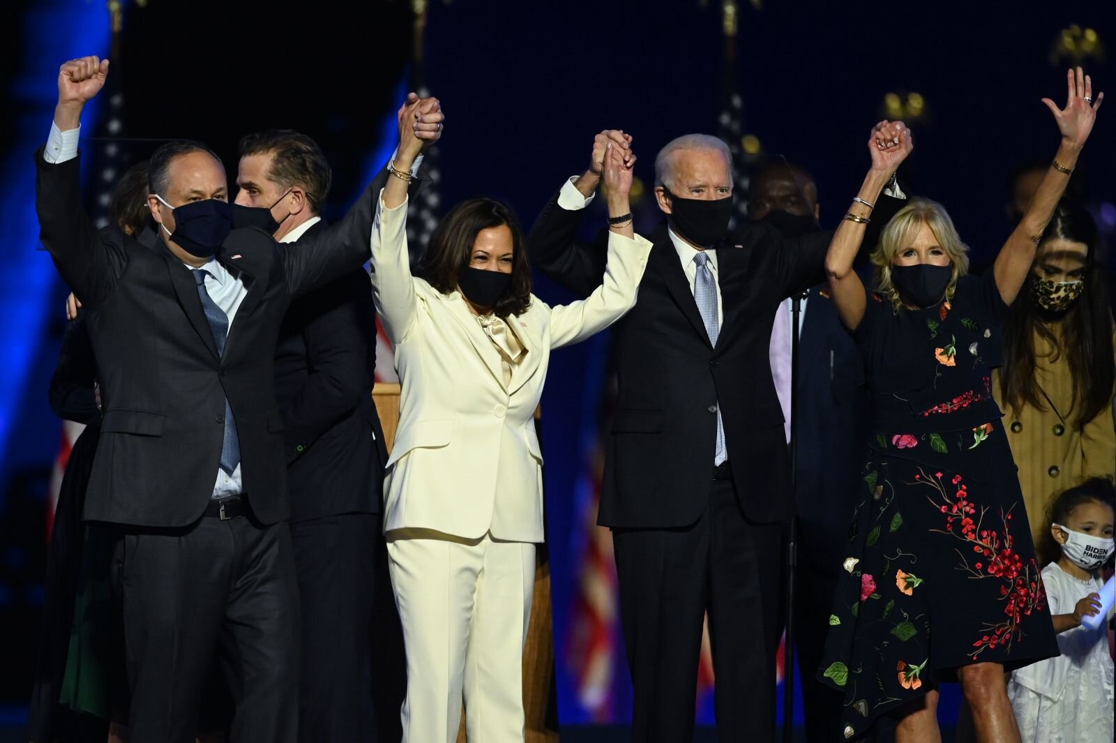 Harris and Biden are joined by their spouses after their victory speeches in Wilmington, Delaware, in November 2020.Jim Watson