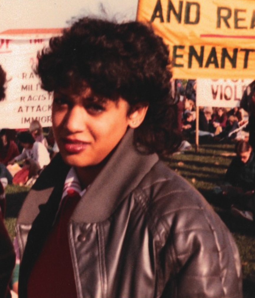 Kamala Harris, right, protests South African apartheid with classmate Gwen Whitfield on the National Mall in November 1982.