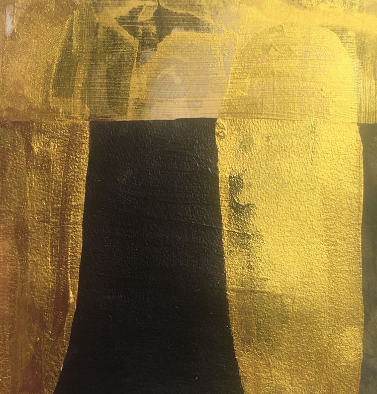 Gold roots acrylic and arches paper on wood 11 x 14 inches
