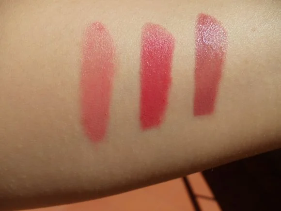 Swatches of Australis Colour Inject Lipstick in direct sunlight (from left to right) Honkey Tonk, Salsa and Samba