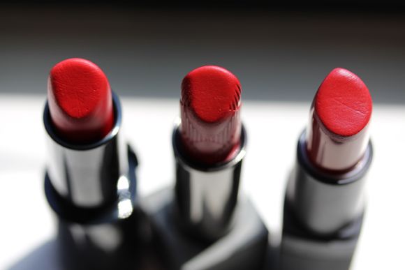 The lineup: Rouge d'Armani 400 (left), Pink Fuchsia (centre) and NARS' Flamenco (right)