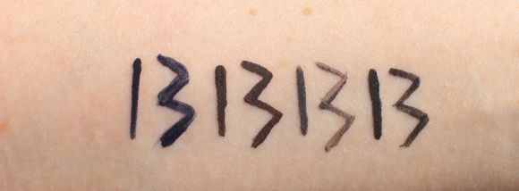 Face of Australia Liquid Eyeliner Swatches in direct sunlight. L-R Navy, Brown, Charcoal & Black