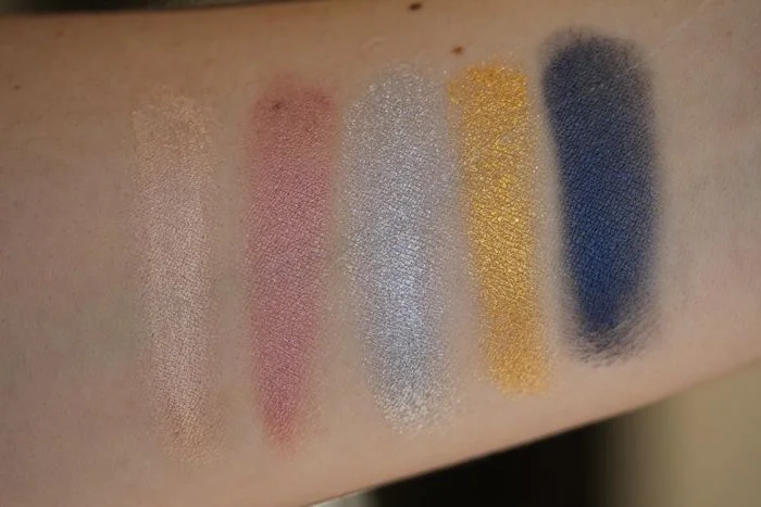 Swatches from left to right: Barely Branded, Inked in Pink, Silver Strike, Gold Rush and Electric Blue