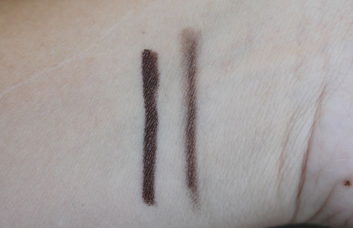 Swatches of Ro(Cocoa) untouched (right) and blended (left). It's budge, smudge-proof and I had a heck of a time trying to wash these swatches off!