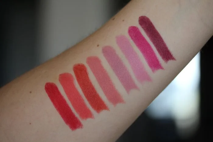 Swatches (without flash) from left to right: Miss Tegan, Miss Sarah-Jane, Miss Maxima, Miss Simone, Miss Sophia, Miss Amy, Miss Melissa and Miss Kitty