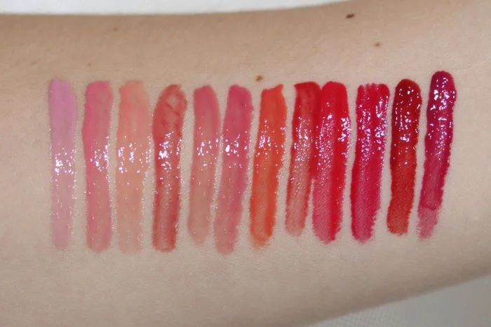 Swatches of the Deconstructed Rose Lip Gloss Library (with flash)