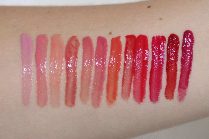 Swatches of the Deconstructed Rose Lip Gloss Library (with flash)