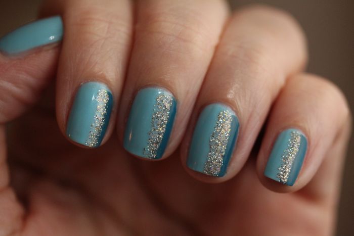 Wearing CND's Vinylux in Azure Wish (light blue), Blue Rapture (teal blue) and Butter London's Fairy Cake (sparkly centre)