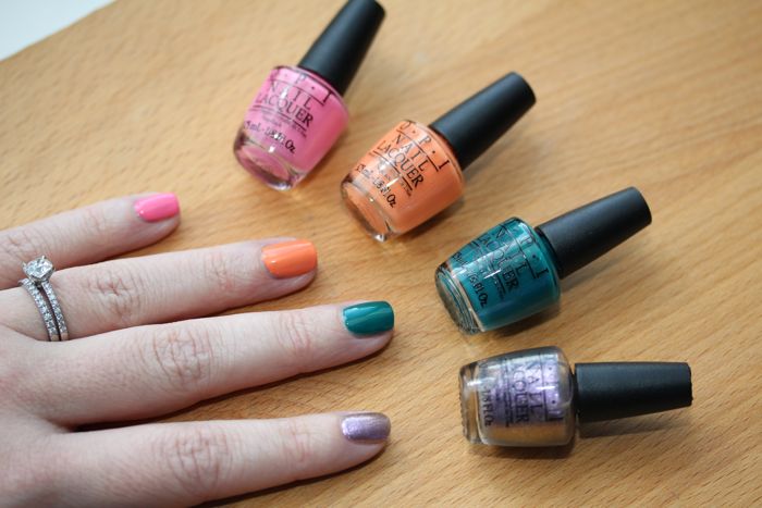 OPI's Brazil Collection featuring four Copacababies (from left to right): Kiss Me I'm Brazilian, Where Did Suzi's Man-go?, AmazOn...AmazOFF and Next Stop...The Bikini Zone