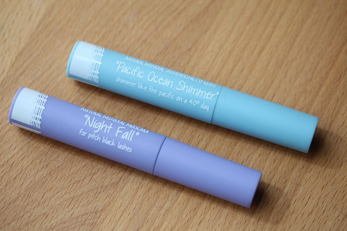 Night Fall Natural Mineral Mascara (bottom) and Pacific Ocean Shimmer Natural Shimmering Lip Gloss (top)