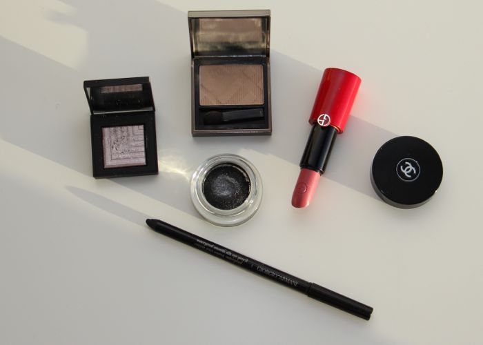 A handful of the items used: NARS Callisto, Burberry's Trench, Chanel's Mirifique, Armanis' Rouge Ecstasy in Daybreak and Waterproof Smooth Silk Eye Pencil in Black