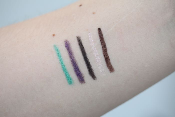 Highliner Gel Eye Crayon swatches from left to right: Intro(Vert), Plum(Age), Blacquer, Obey-Ge and Ro-Cocoa