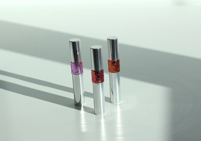 YSL's Volpute Tint-in-Oil in (from left to right) No. 8 Pink About Me, No. 6 Peach Me Love, and No. 1 Drive Me Copper