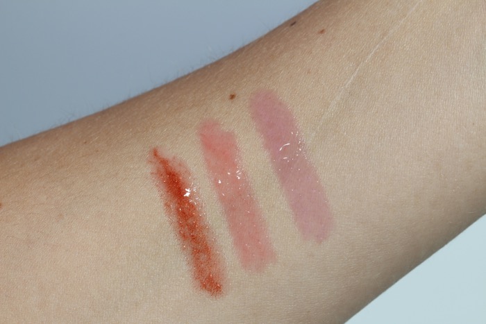 Volupte Tint-in-oil Swatches from left to right: No. 1 Drive Me Copper, No. 6 Peach Me Love, and No. 8 Pink About Me