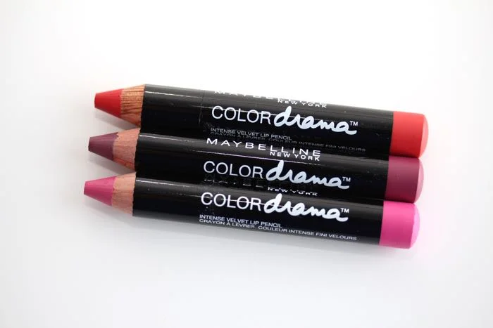 Maybelline's Color Drama Intense Lip Velvet Lip Pencil in Fab Orange, Pink So Chic, and Fuchsia Desire