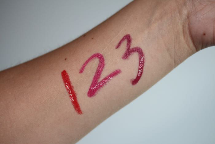 Swatches from left to right: Fab Orange, Fuchsia Desire, and Pink So Chic