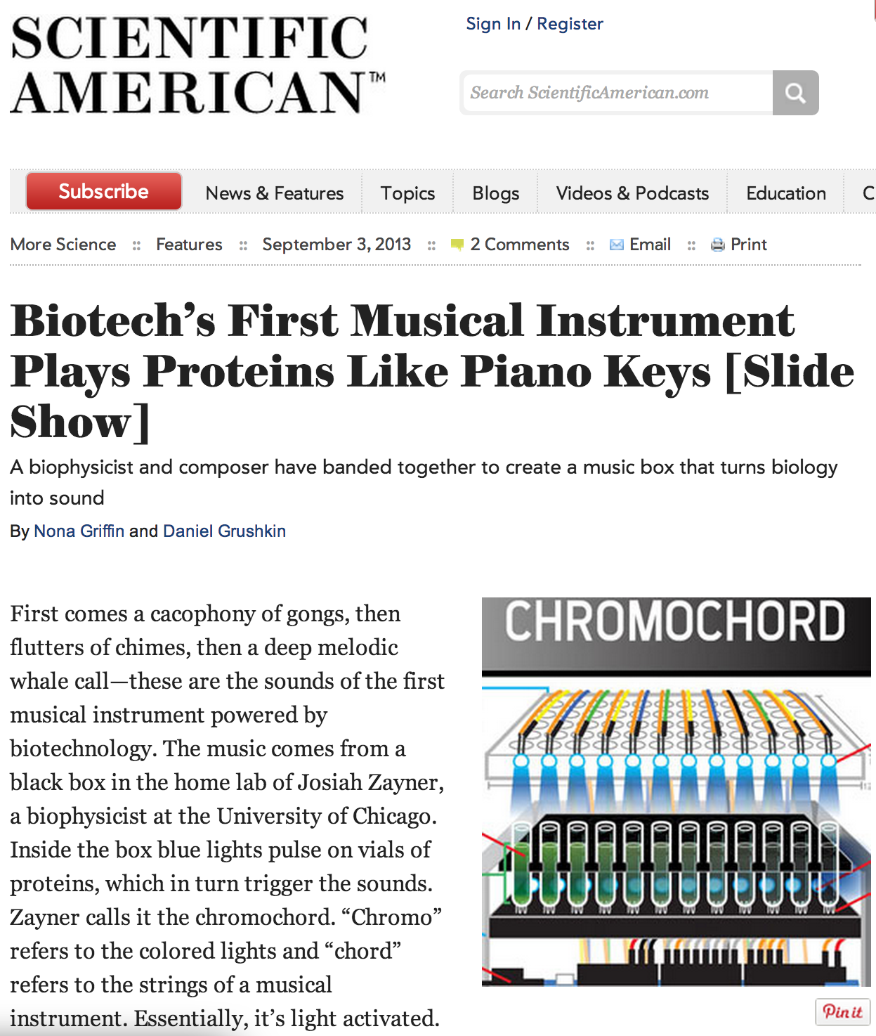 Chromochord featured in Scientific American