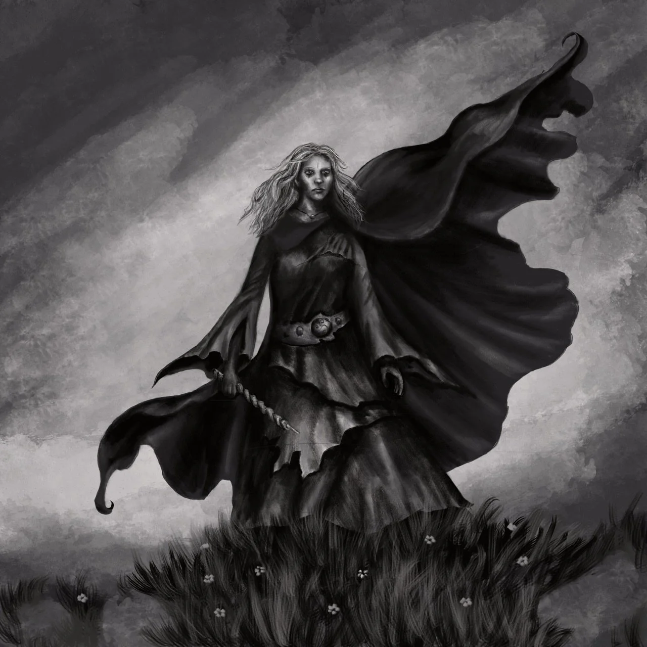 Dark fairy warrior with billowing cape and unicorn horn wand,