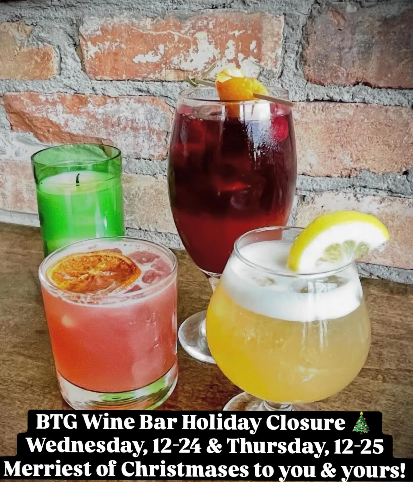 We are closed Wednesday 12-24 and Thursday 12-25 for the Christmas holiday. 

We hope to see you from 5pm on Friday, 12-26. ✨

Happy Holidays to all of you, from all of us! 🥂