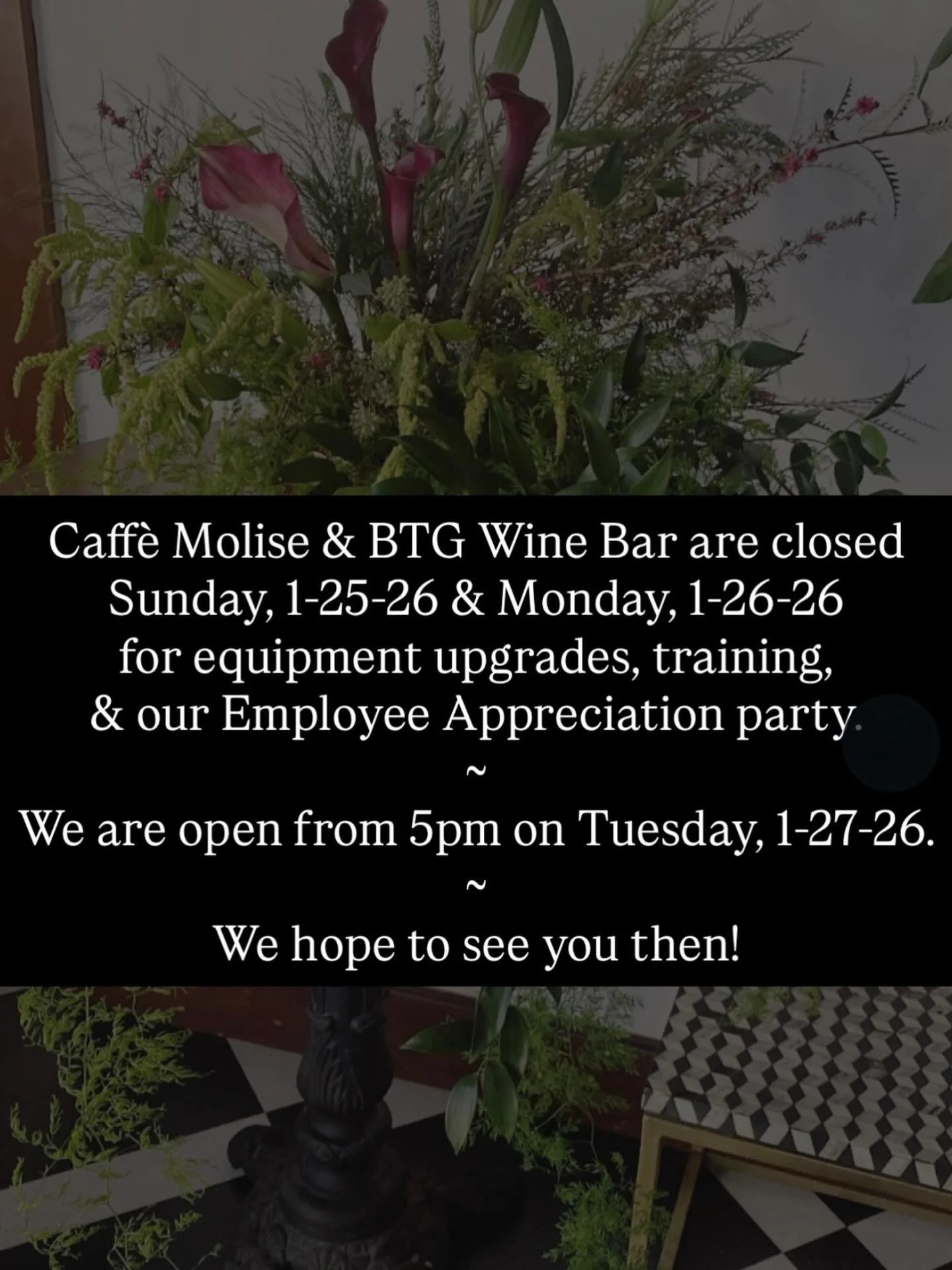 We hope to see you Tuesday, 1-27-26 from 5pm. Cheers! 🍷