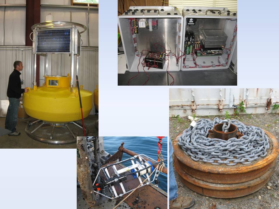 THE SYSTEM'S BUILDING BLOCKS: (clockwise from top left) Buoy during final stages of construction; the datalogger enclosure that resides inside the buoy well; railroad car wheels and chain that anchor the system; the cage and doppler payload suspended immediately below the buoy.