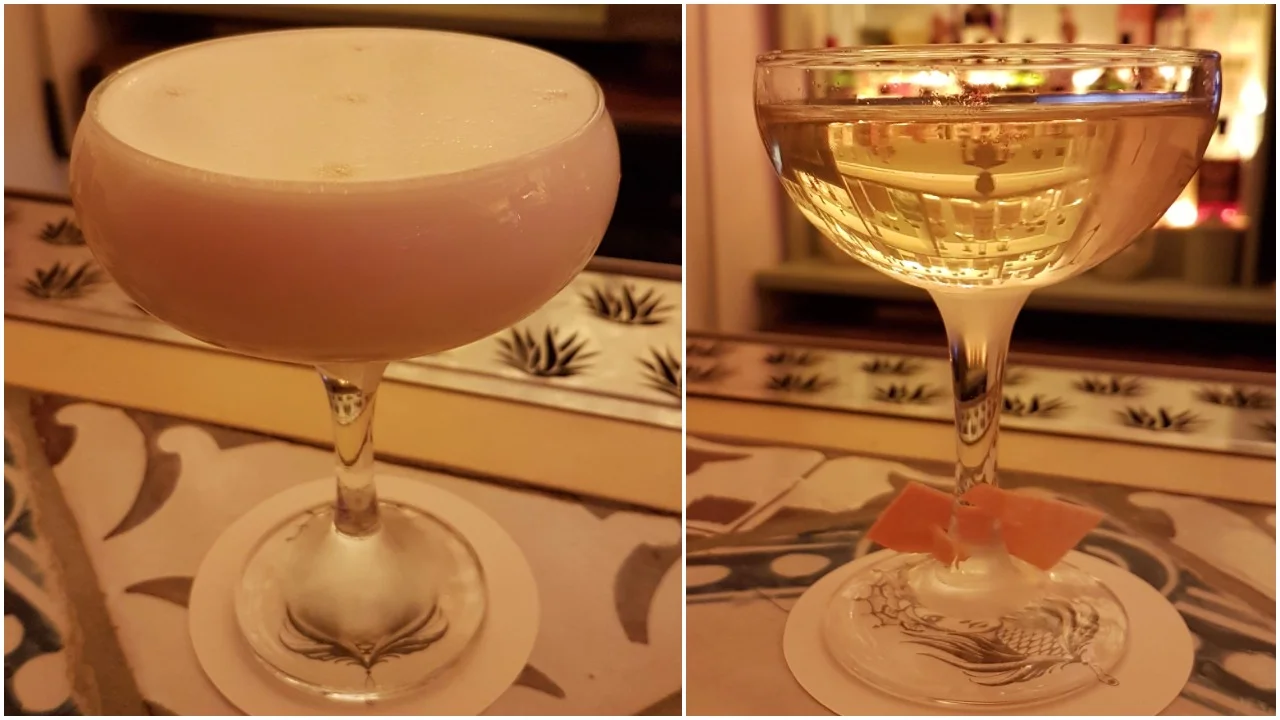 Left: Mala Education (mezcal, grapefruit, agave honey, rhubarb, habanero bitters, egg white); Right: Martini de Los Altos (tequila ocho, vermouth del professore, bergamotto Quaglia, habanero bitter, orange bitter)