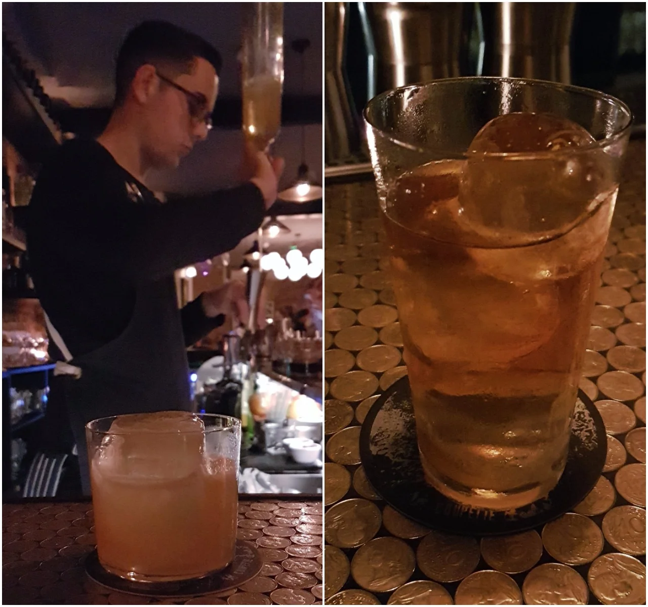 Left: Dan Schofield with Straight Out Bethnal (Trois Rivieres Ambre, Suze, Lime, Cane & Molasses, Rouge bitter); Right: The signature "Apples" drink