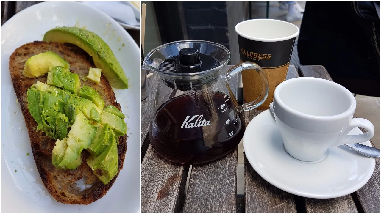 Left: Avocado toast, Right: V60 of Ethiopian single origin coffee
