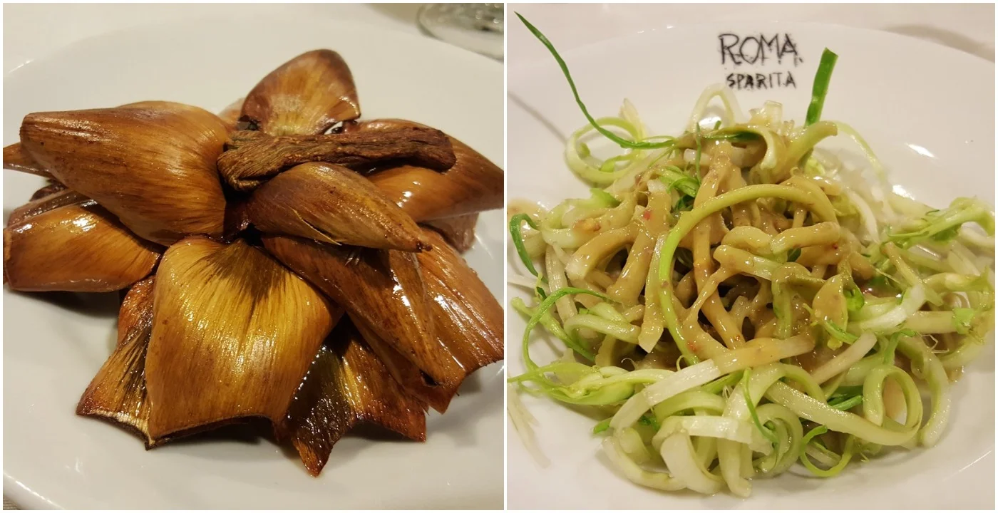 Left: Carciofo alla Giudia, Right: Puntarelle in anchovy sauce