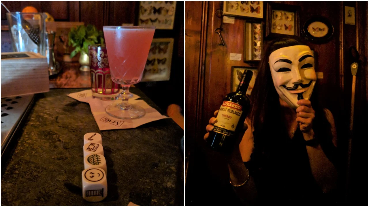 The new dice menu with Sophia posing for a bottle of Luxardo