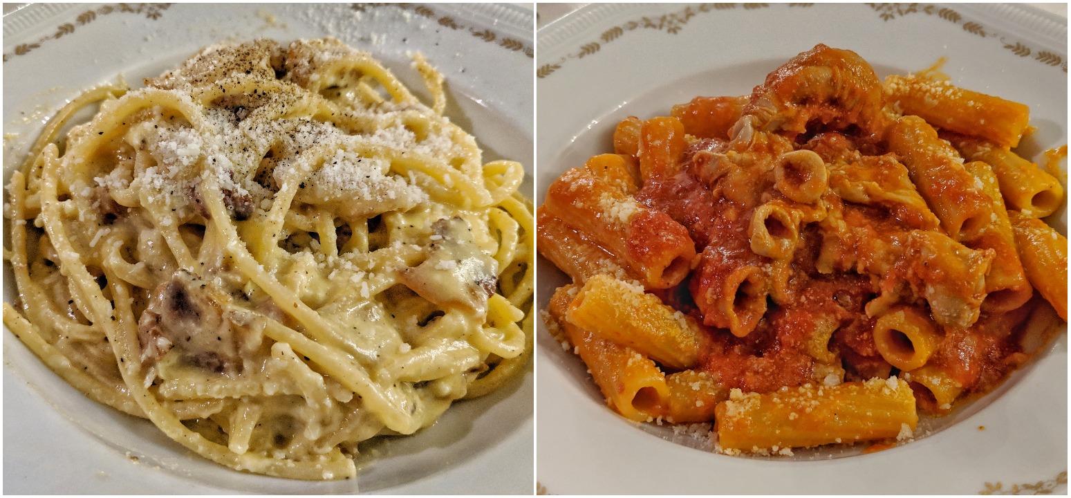 Left: Carbonara, Right: Rigatoni with Pajata