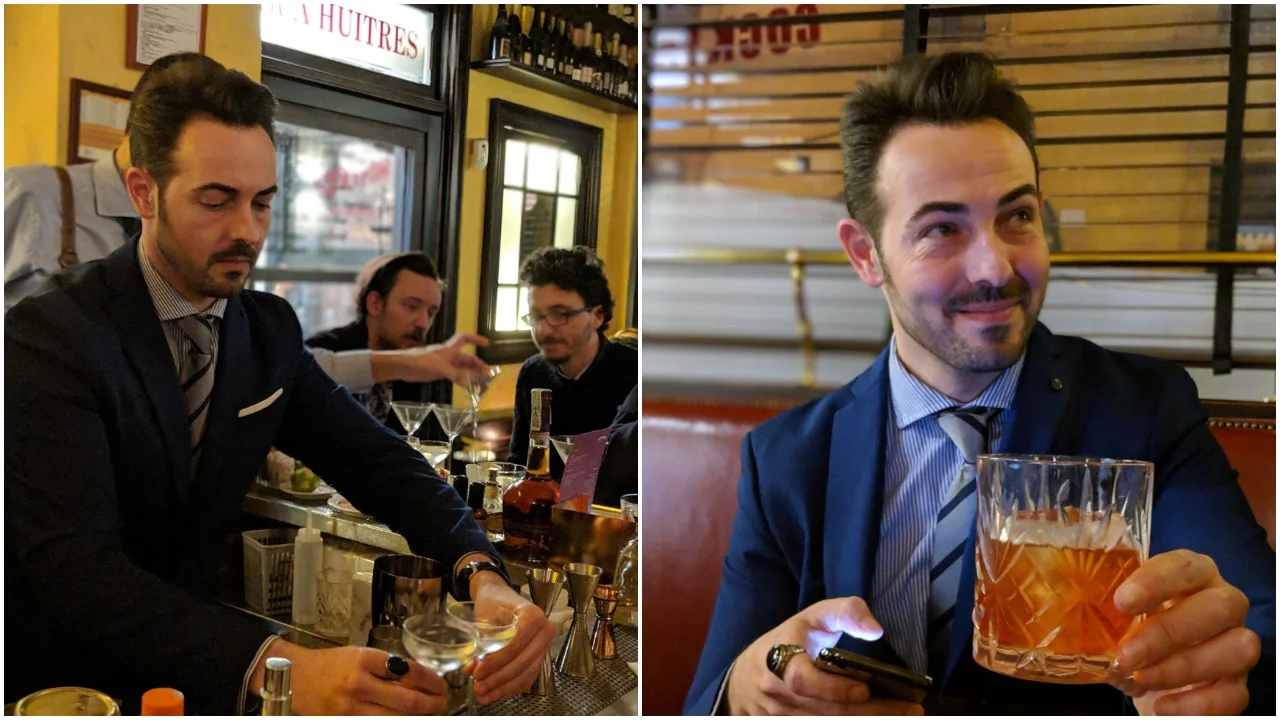 Left: Mario preparing Martini cocktails for his thirsty regulars, Right:Mario enjoying a Negroni variation by Cristian Silenzi