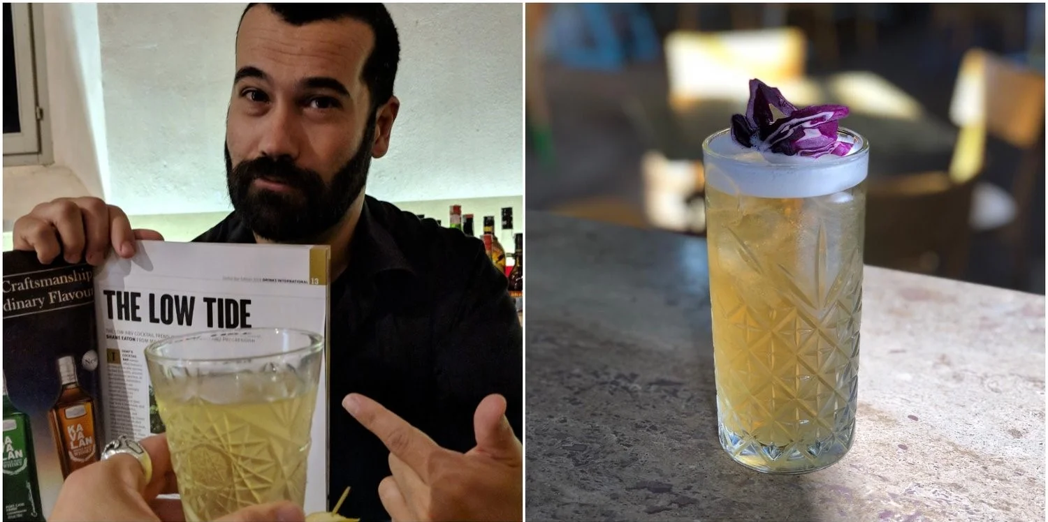 Diego Ferrari con l’articolo “The Low Tide” sulla rivista Drinks International. Il Cocktail “Professor Shane” low ABV a base di liquore Genziana, limone, e St-Germain.