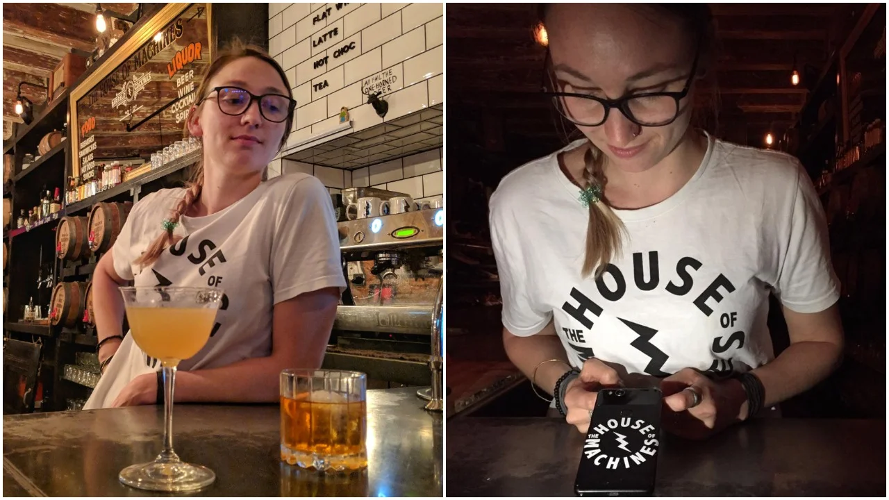 Courtney with a Mount Gay daiquiri and old fashioned; my beautiful House of Machines sticker which incredibly lasted 2 months on my phone