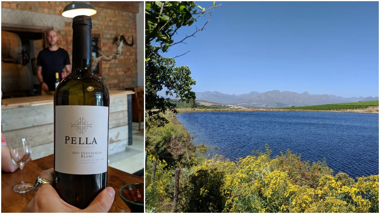 A bottle of Sauvignon Blanc with Kyle in the background; the magical Canettevallei farm